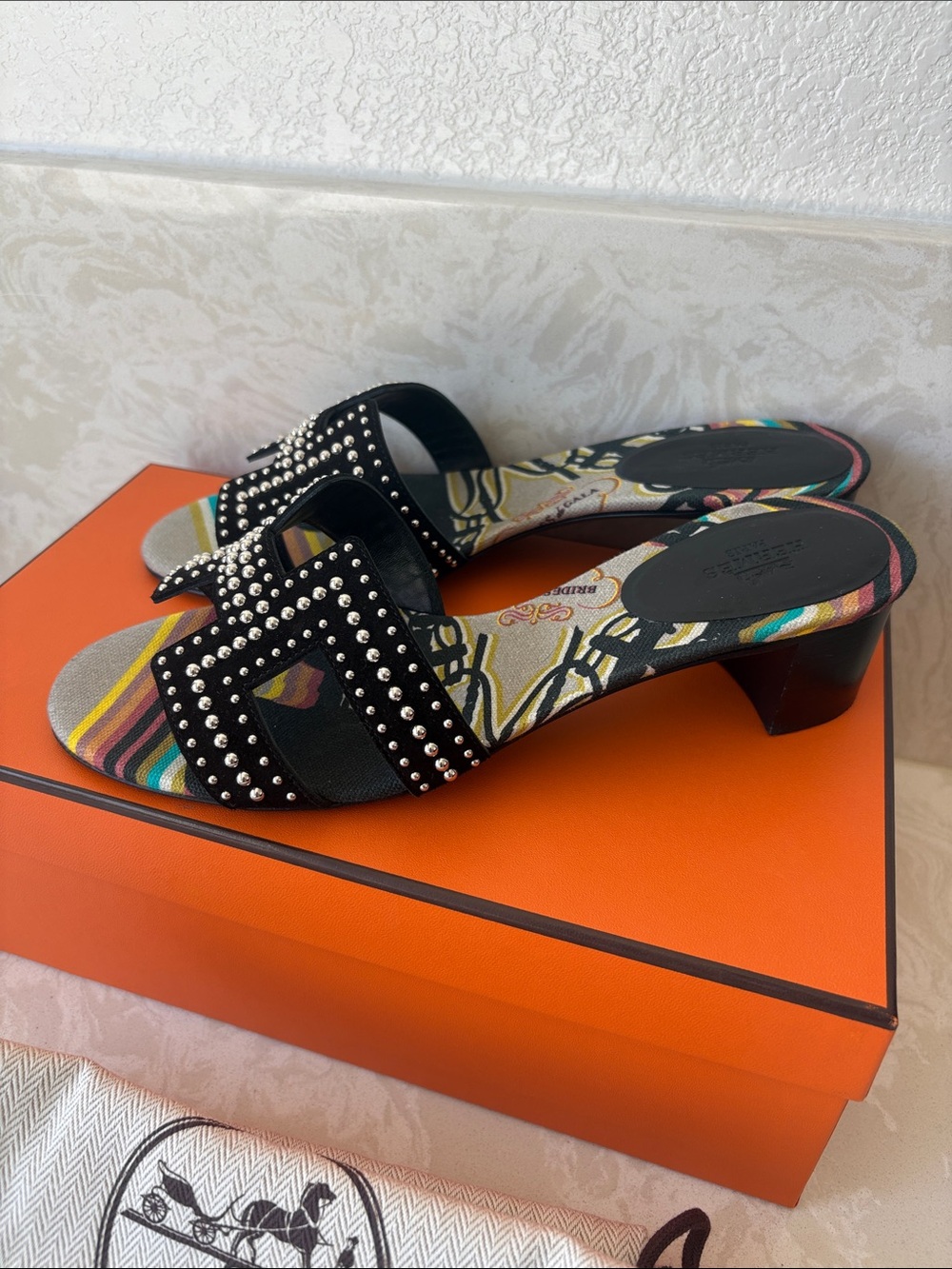 Studded Black Slide Sandals with Multicolor Stripes - Picture 3 of 6